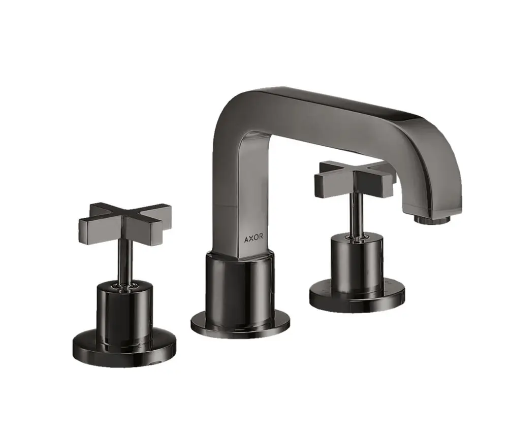 Drei-Loch-Wannenrandarmatur von AXOR mit Kreuzgriffen in Polished Black Chrome. Die Armatur hat einen gewundenen Auslauf und zwei separate Bedienelemente.